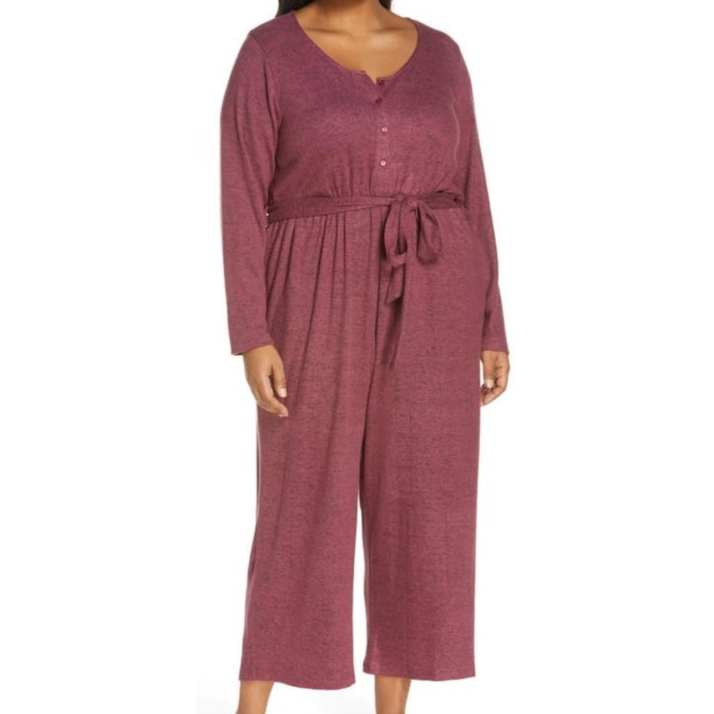 New Bobeau Women's 3X Maroon Lightweight Brushed Knit Tie Waist Sweater Jumpsuit